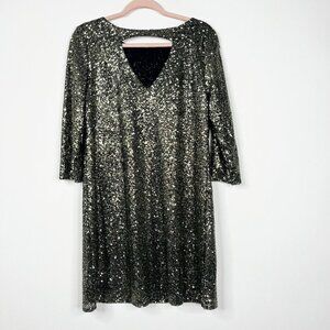 2/$30 Worthington 3/4 Sleeve Gold Sequined Shift Dress Keyhole Medium #8782
